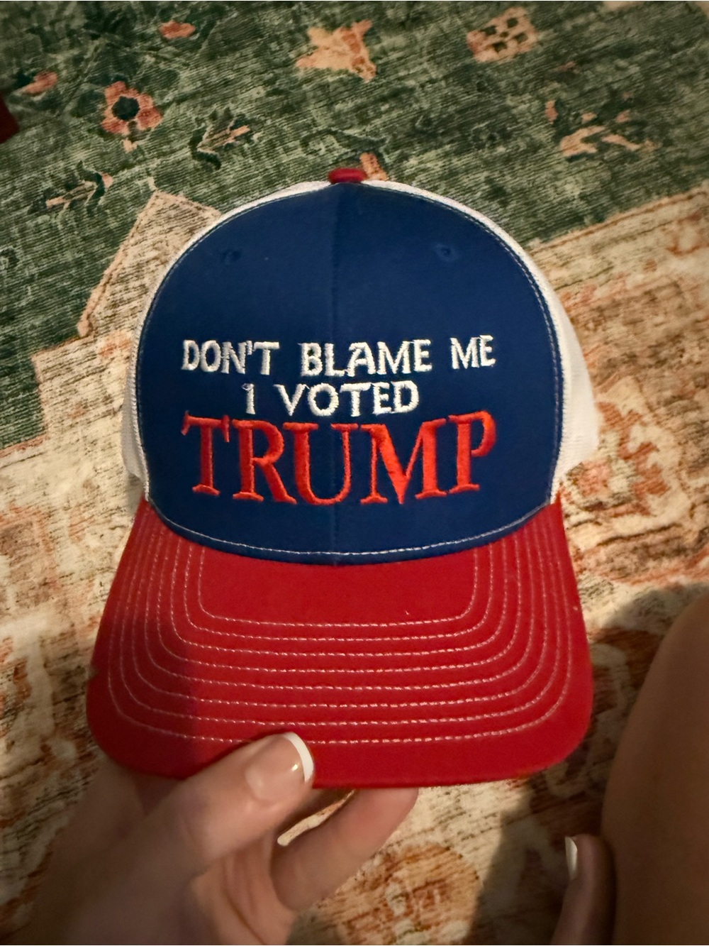 DON'T BLAME ME I VOTED TRUMP Red, Blue & White Trucker Hat